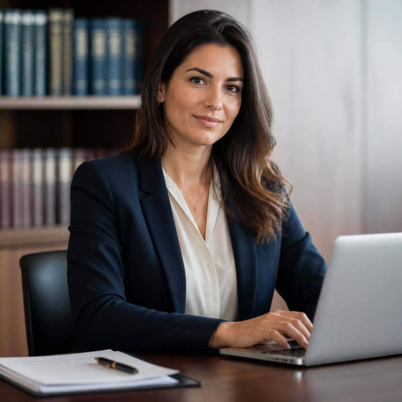 Secretária jurídica utilizando a JurisBot AI em um escritório moderno